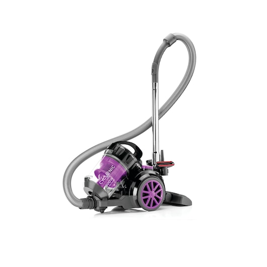 A BLACK+DECKER VM1880 canister vacuum cleaner with a purple dust container and wheels. The vacuum features a flexible hose, a metal tube, and a floor nozzle attachment, displayed on a white background.