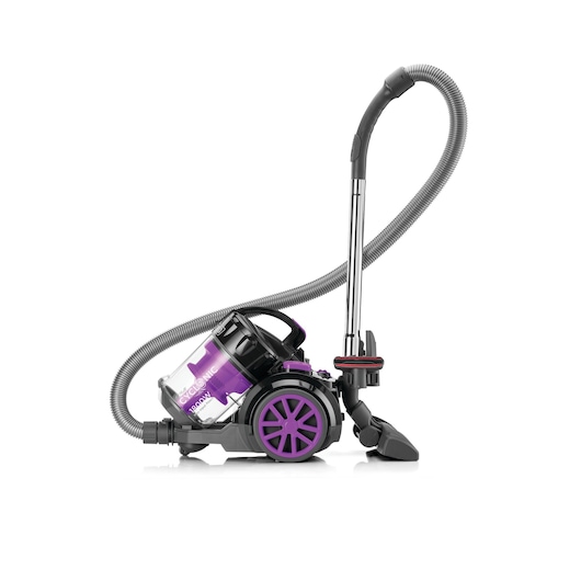 A canister vacuum cleaner with purple and black accents and a transparent dust container. It features a flexible hose, chrome wand, and floor cleaning attachment.