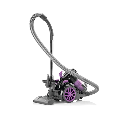 A canister vacuum cleaner with a black and purple design, featuring a flexible hose, metal tube, and a floor cleaning head.