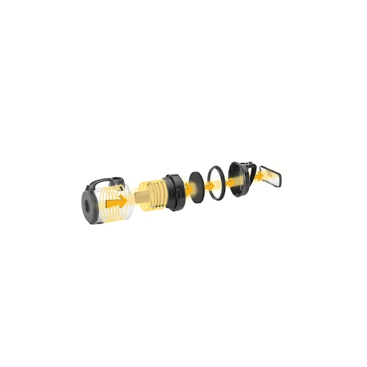BLACKDECKER VM1880 vacuum filter assembly exploded view, showing all components with yellow directional arrows.