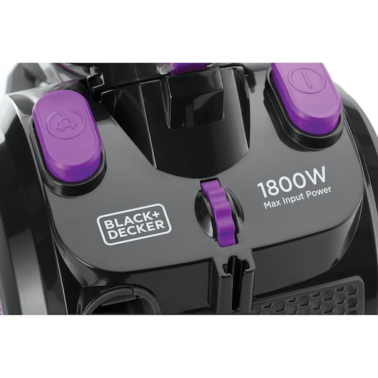 BLACK+DECKER VM1880 vacuum cleaner front angle, black and purple, showing 1800W power rating.