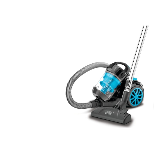 BLACKDECKER VM2080 canister vacuum cleaner, black and blue, front angle on white background