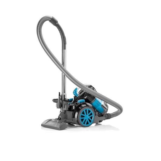 BLACKDECKER VM2080 canister vacuum cleaner with blue accents, side angle on white background.
