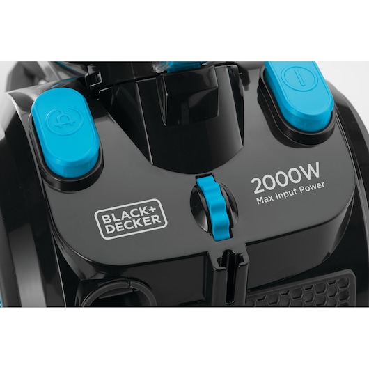 BLACK+DECKER VM2080 vacuum cleaner close-up, showing controls and 2000W max input power on black surface