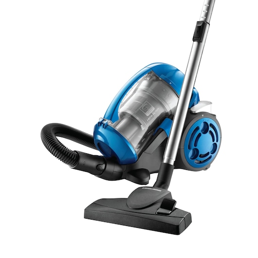 BLACKDECKER VM2825 blue and grey canister vacuum cleaner, side angle, white background.