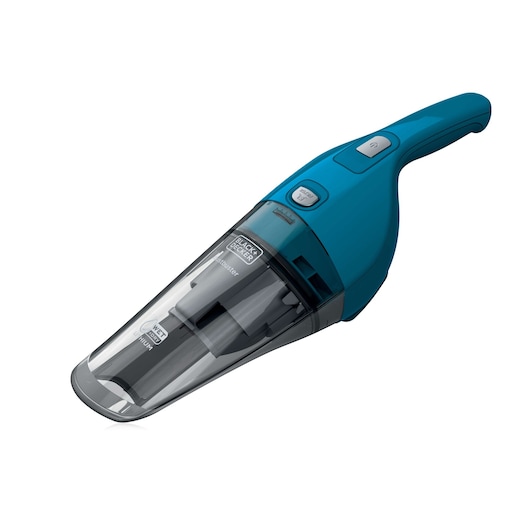 A handheld cordless vacuum cleaner by BLACK+DECKER, model WDB215WA, shown in blue and black colors. The device has a transparent dust container and a simple button interface on the handle.