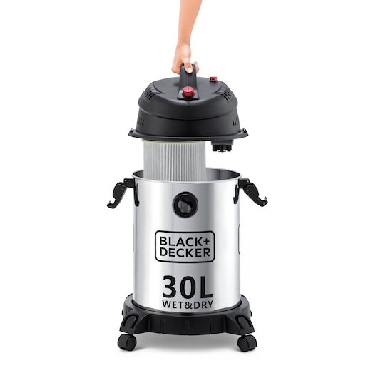 Photo of BLACK+DECKER WV1450 wet and dry vacuum, 30L stainless steel body, open top with visible filter, upright angle.