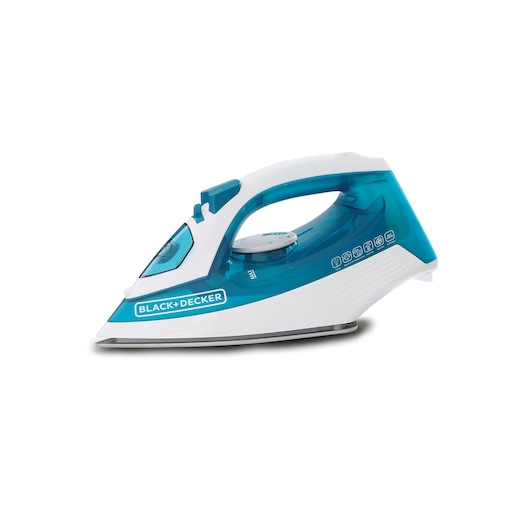 A turquoise and white BLACK+DECKER steam iron with a transparent water tank, temperature control dial, and ergonomic handle, shown from the side on a white background.