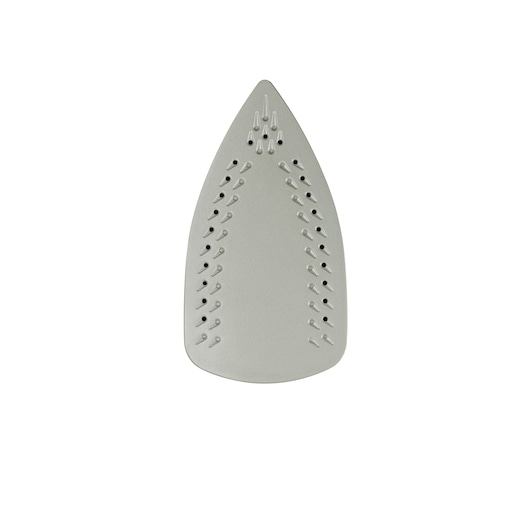 BLACKDECKER X1575 steam iron soleplate, grey, close-up, top view on white background.