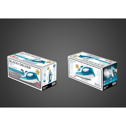 Photo of two BLACK+DECKER X1575 steam iron boxes, white and blue packaging with product images and features.