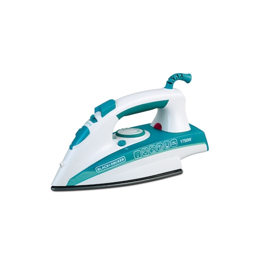 A teal and white BLACK+DECKER steam iron with a pointed tip, ergonomic handle, and control buttons visible on top. The iron features various settings and a 1750W power rating.