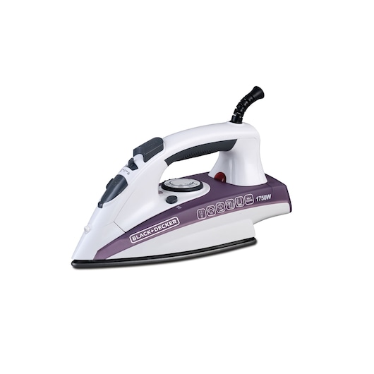 A BLACK+DECKER steam iron with a purple and white design, shown on a white background.
