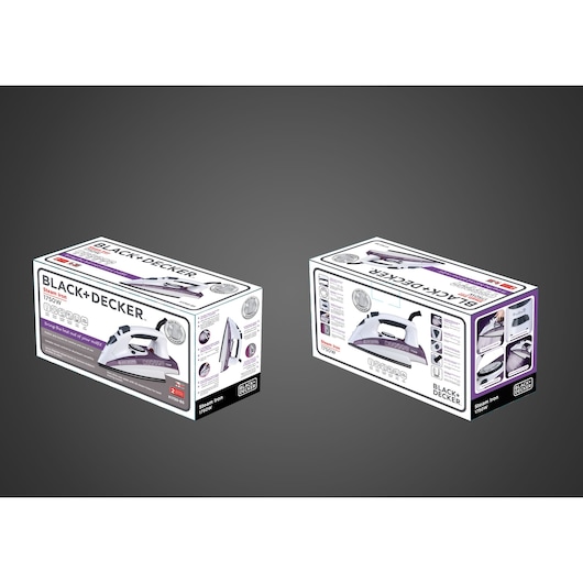 Photo of two BLACK+DECKER steam iron X1750 boxes, showing product features and images on a gray background.