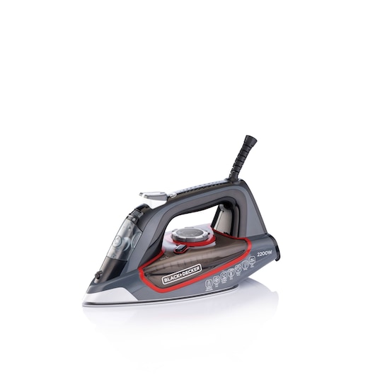 A BLACK+DECKER 2200W steam iron with a dark grey body, red accent, and transparent water tank is displayed against a white background.