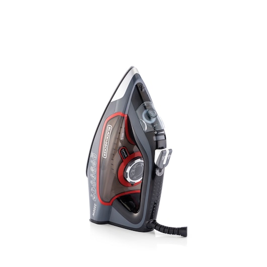 BLACK+DECKER steam iron placed upright on a white background, showing its control dials, water tank, and cord.