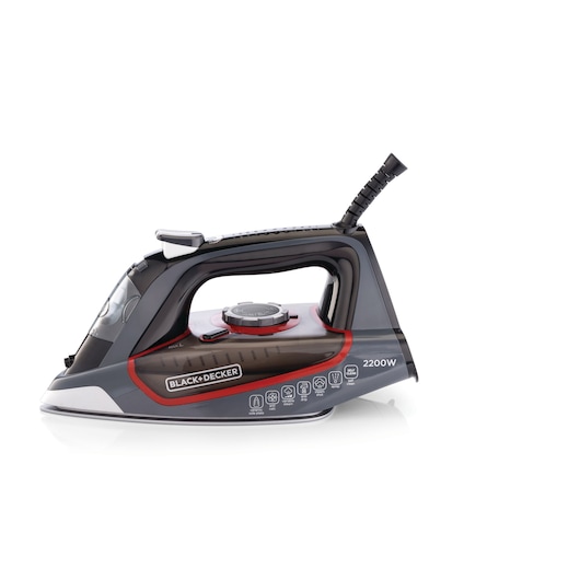 A BLACK+DECKER steam iron with a black and red design, featuring a visible control dial, steam nozzle, and power rating of 2200W. The iron is shown on a white background.