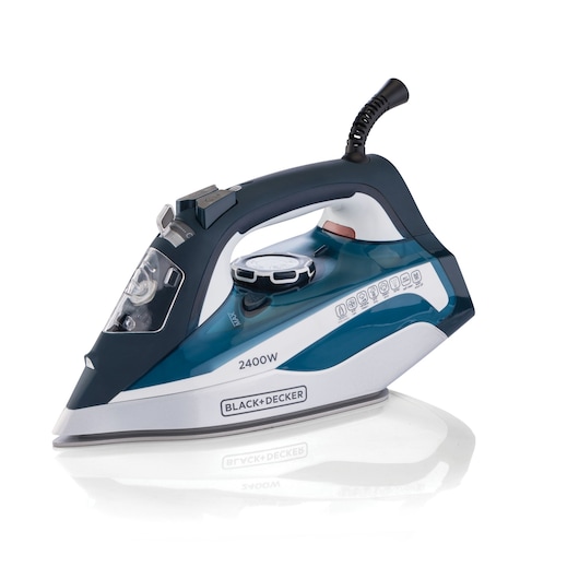 A BLACK+DECKER electric steam iron with a blue and white design, visible control buttons, and a power rating of 2400W.