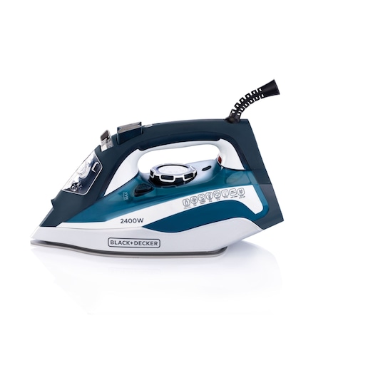A BLACK+DECKER steam iron, model X2150, with a blue and white design. The iron is labeled 2400W and features various function icons near the handle. It is photographed against a white background.
