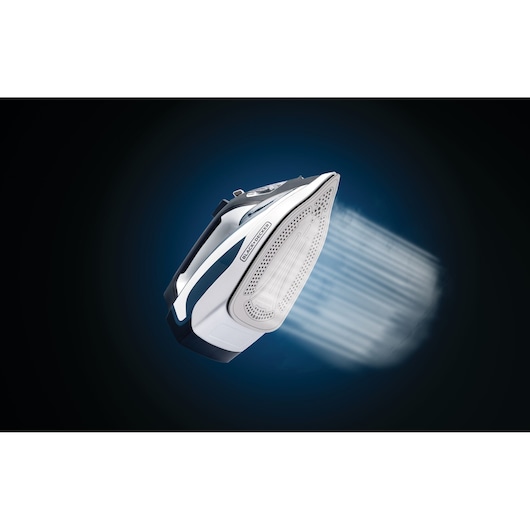 Photo of BLACK+DECKER steam iron X2150 releasing steam, bottom view against dark background.