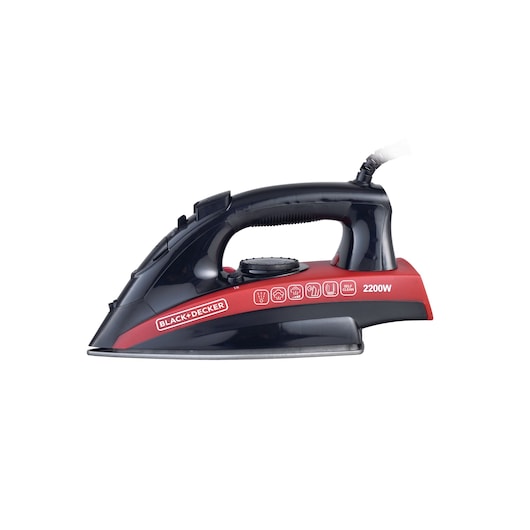 A BLACK+DECKER 2200W electric steam iron with a black and red design, showing various control icons and a steam function dial.