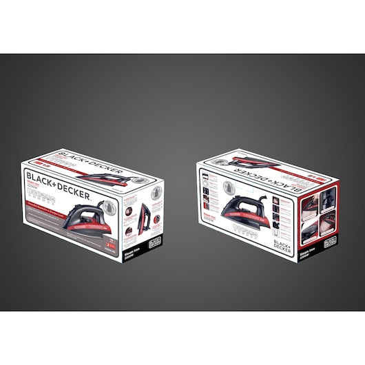 Photo of two BLACK+DECKER X2200 steam iron boxes, showing packaging with product images and features on white background.