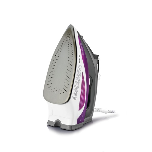 Photo of BLACKDECKER X2250 steam iron, white and purple, angled view, visible soleplate, modern design.