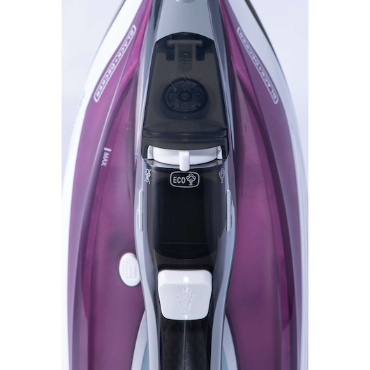 Photo of BLACKDECKER X2250 steam iron top view, purple and black design, white eco mode button visible.