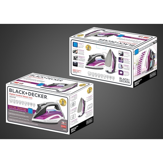 Photo of BLACK+DECKER X2250 digital control steam iron 2800W box packaging, purple and gray, two angles.