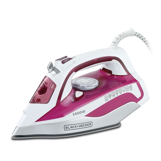 A BLACK+DECKER electric steam iron in white and pink with a grey soleplate and a coiled cord, featuring multiple settings and a dial for temperature control.