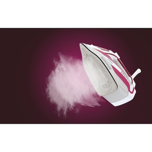BLACKDECKER X2400 steam iron side angle, white and pink, showing steam release against a dark background.