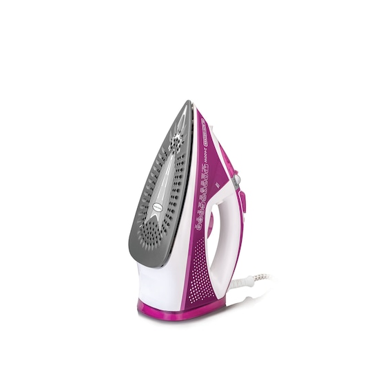 A purple and white electric steam iron with a visible soleplate, standing upright on a white surface.