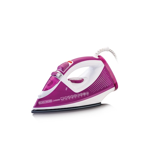 Purple and white BLACK+DECKER electric steam iron with visible control buttons and a textured handle, model X2450, shown on a white background.