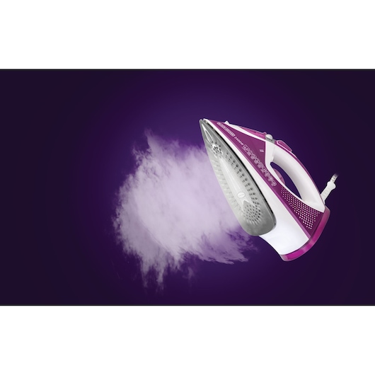 BLACKDECKER X2450 steam iron in purple and white, angled with steam on dark background.
