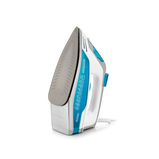 Photo of BLACKDECKER X2800 steam iron, white and blue, angled to show soleplate and side controls, on white background.