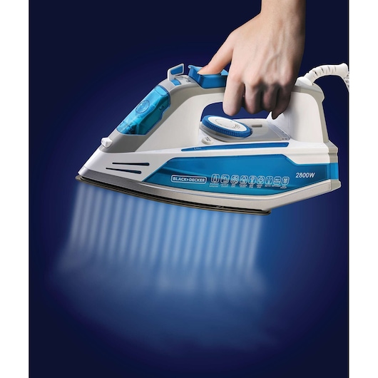 BLACKDECKER steam iron X2800 in blue and white, side angle, showing steam action.