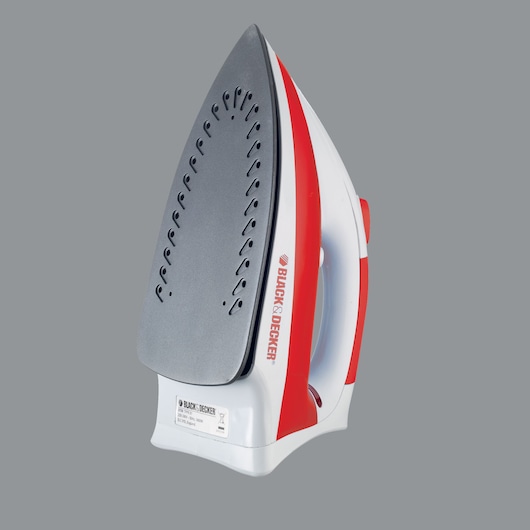 A BLACK+DECKER electric iron with a white and red design, shown standing upright with its soleplate facing forward against a grey background.